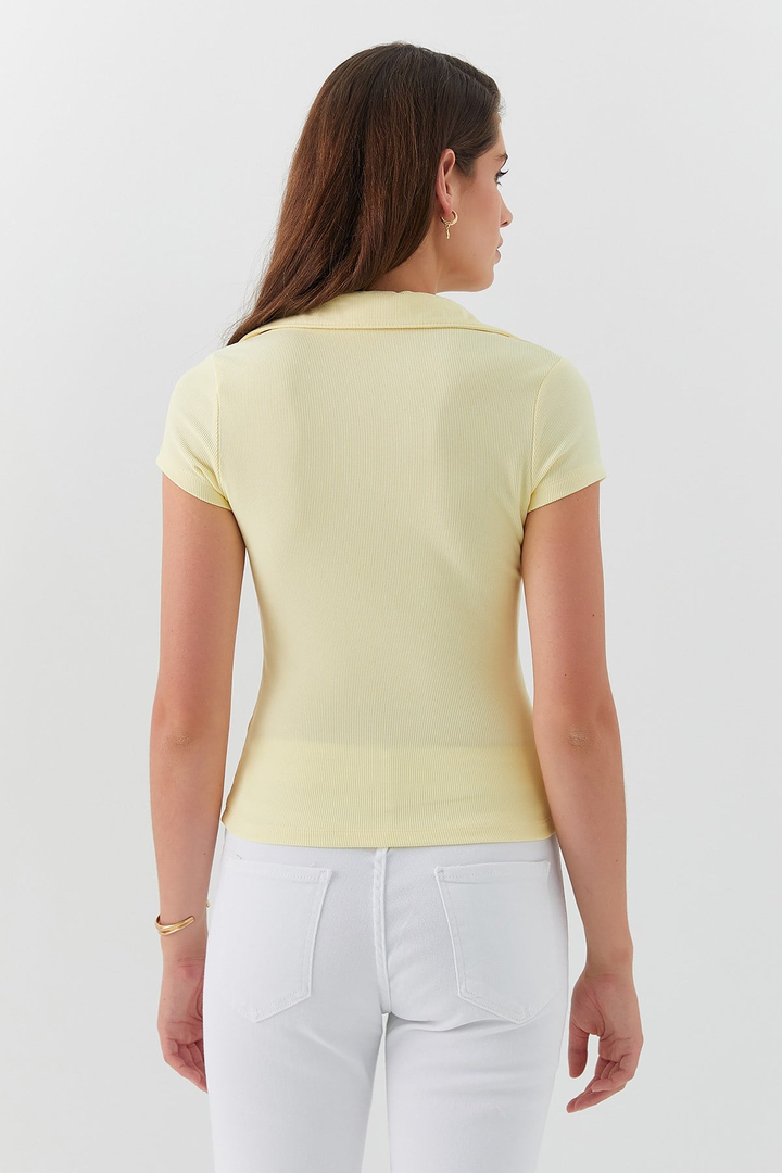 V Yaka Polo Form Basic Bluz Sarı