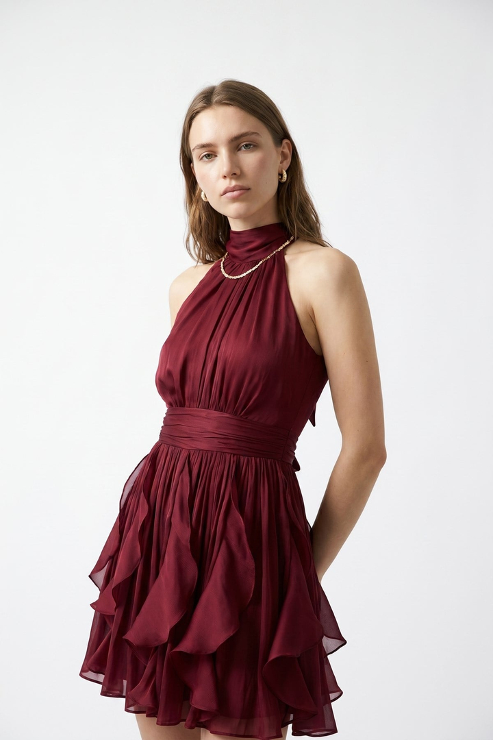 Volan Detaylı Mini Abiye Elbise Bordo