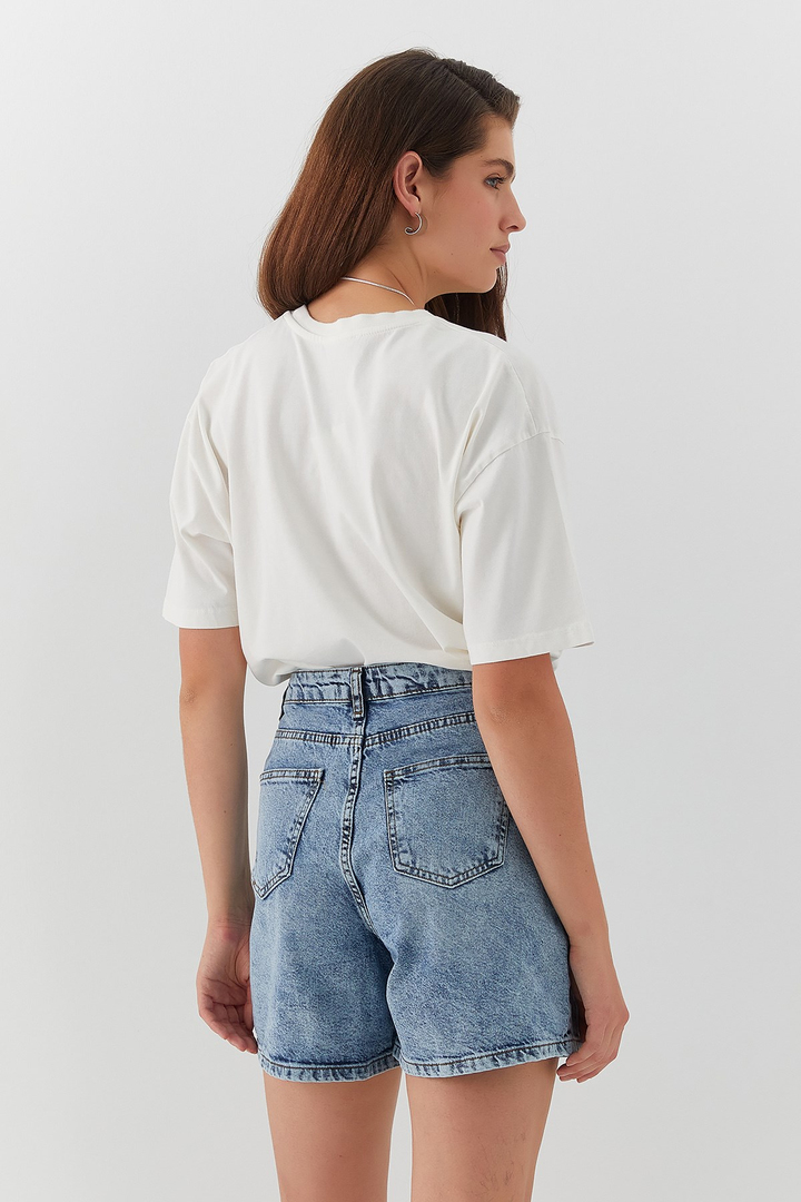 Yüksek Bel Denim Şort Mavi