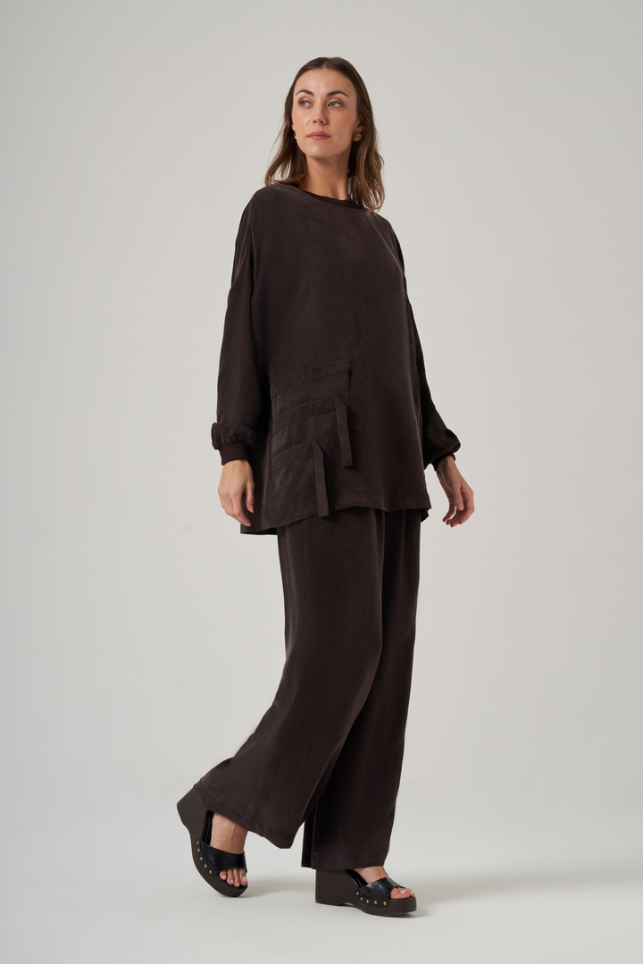 Nuss 1039 Katman Detaylı Tunik Takım - Kahve