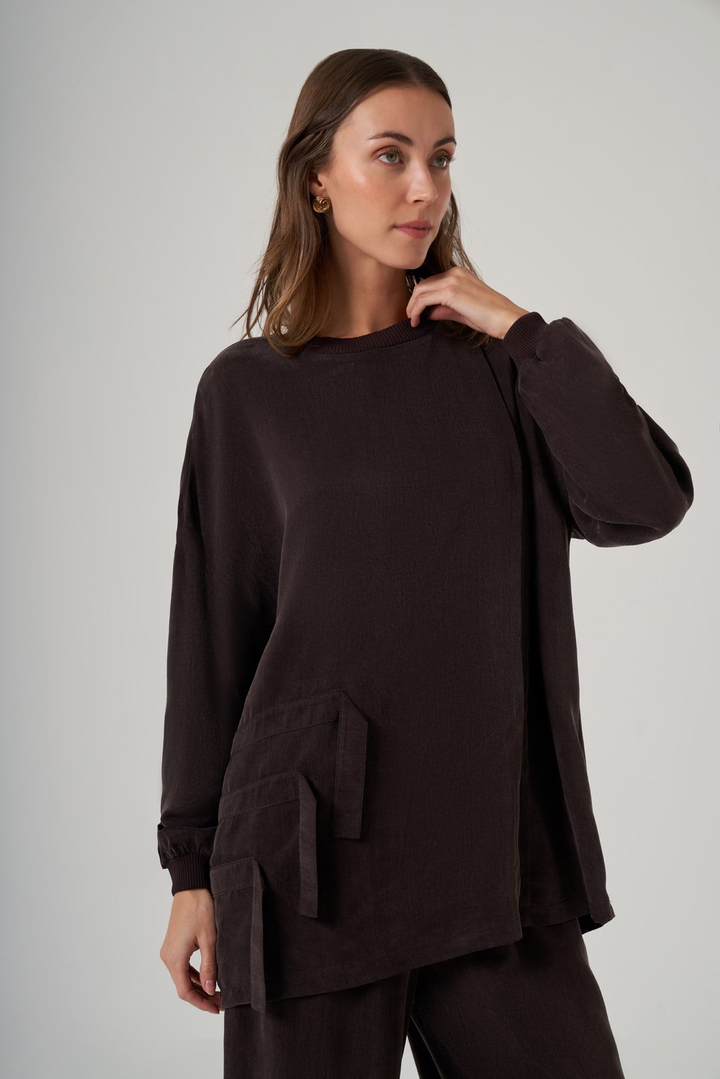 Nuss 1039 Katman Detaylı Tunik Takım - Kahve