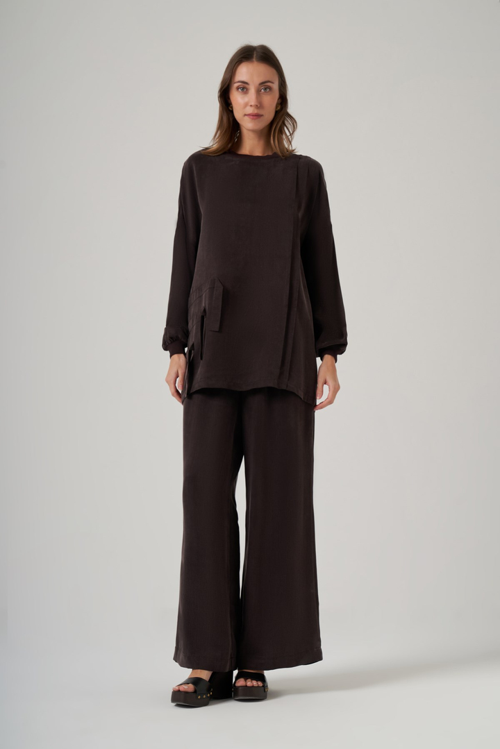 Nuss 1039 Katman Detaylı Tunik Takım - Kahve