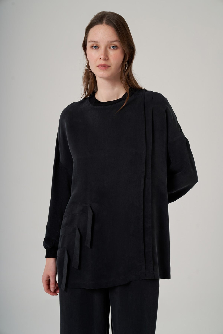 Nuss 1039 Katman Detaylı Tunik Takım - Siyah