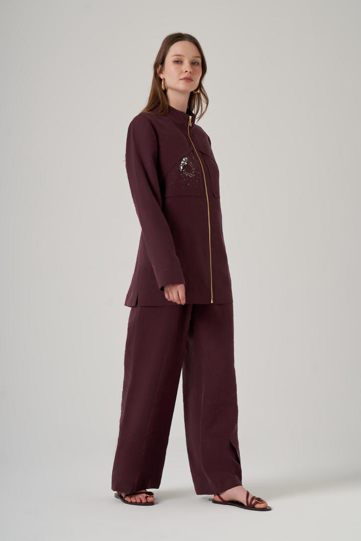Nuss 1054 Taş Detay Fermuarlı Pantolonlu Takım - Mürdüm
