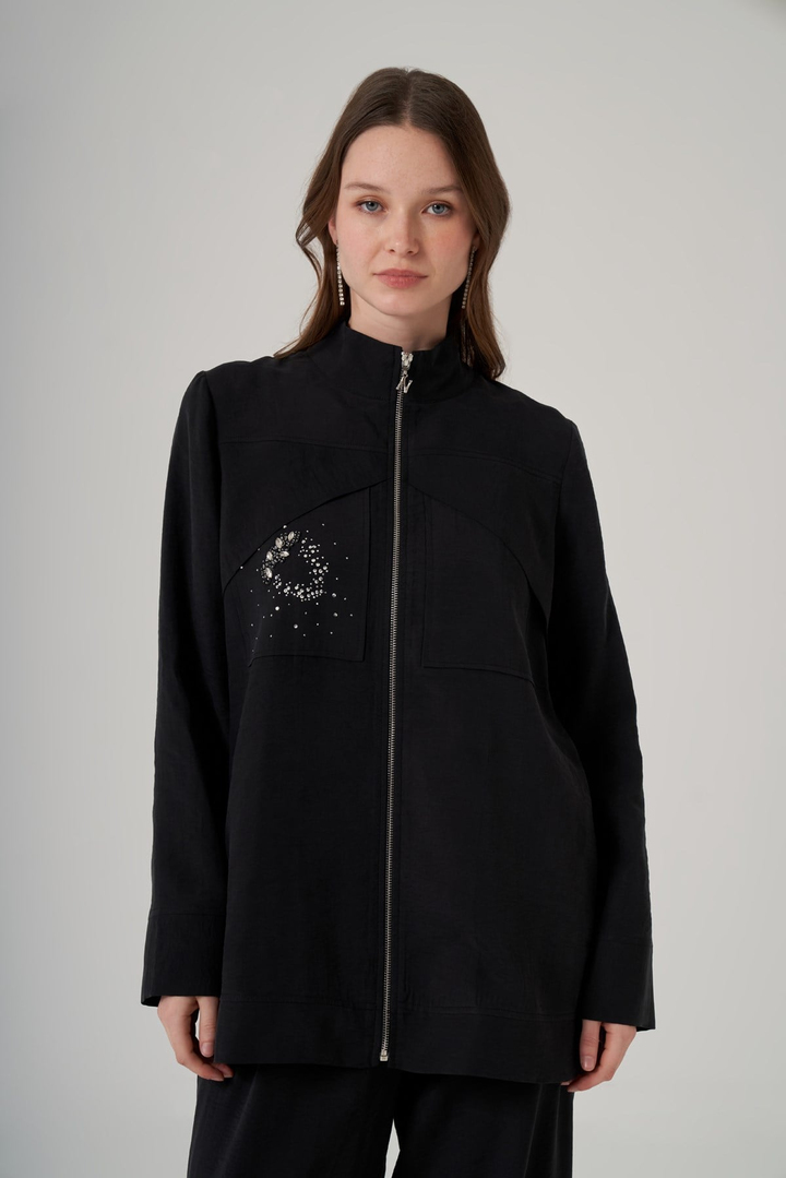 Nuss 1054 Taş Detay Fermuarlı Pantolonlu Takım - Siyah
