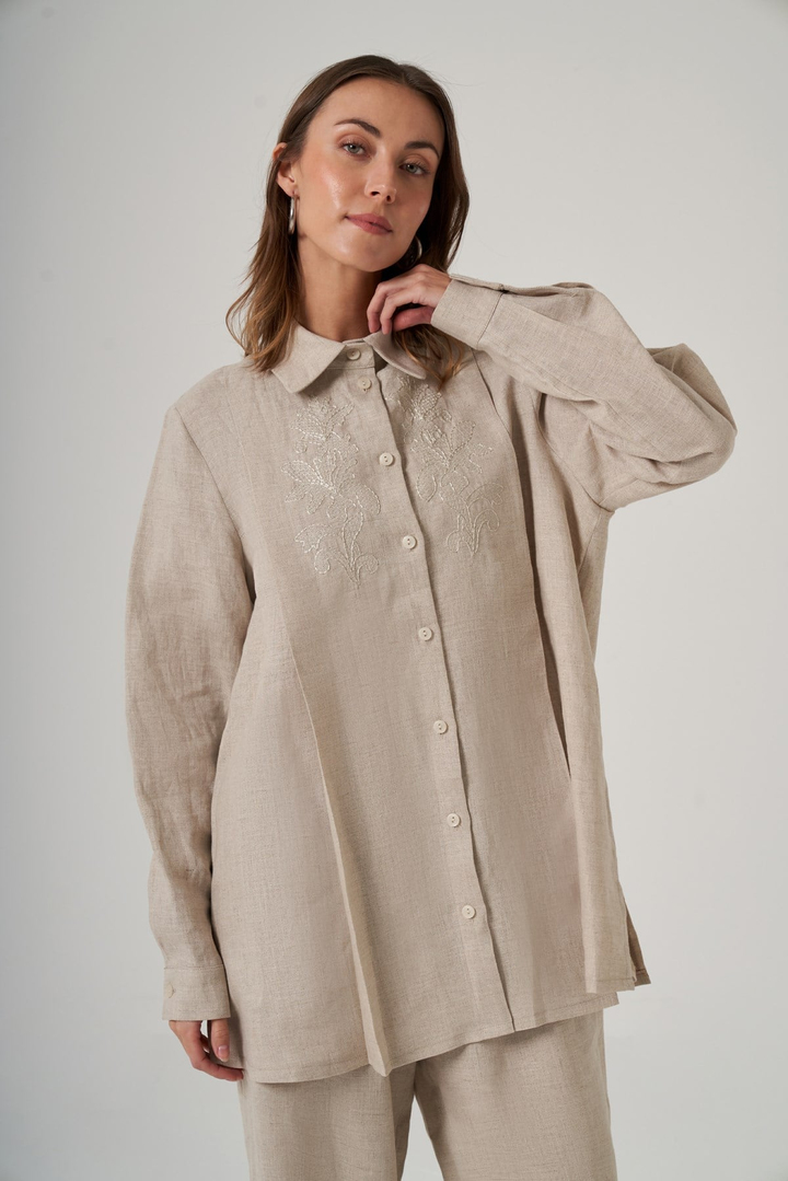 Nuss 1073 Nakış Detaylı Keten Takım - Naturel
