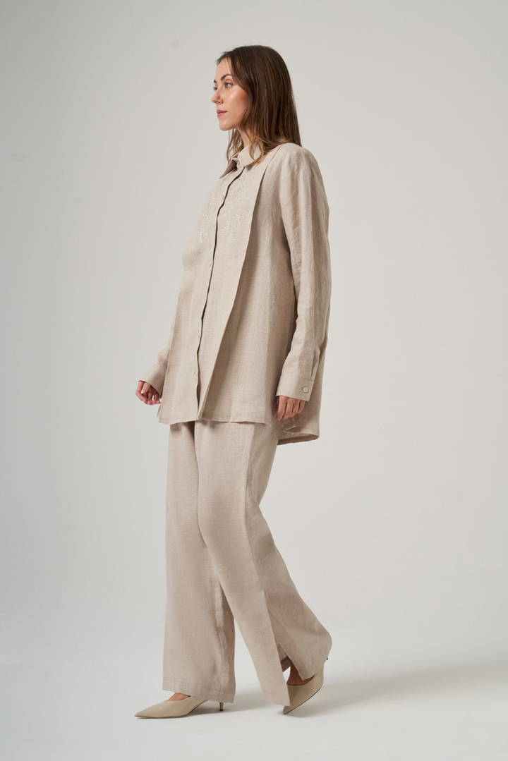 Nuss 1073 Nakış Detaylı Keten Takım - Naturel