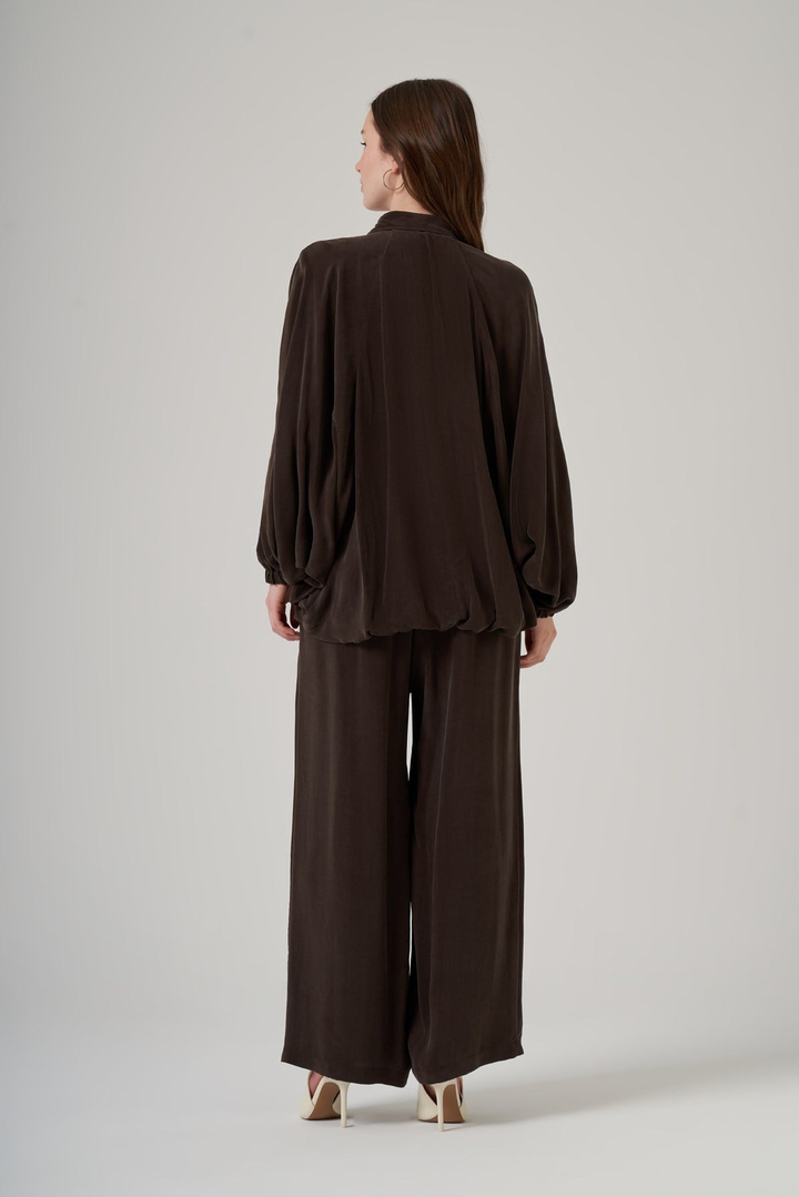 Nuss 1082 Dökümlü Fermuarlı Tunik Takım - Kahve