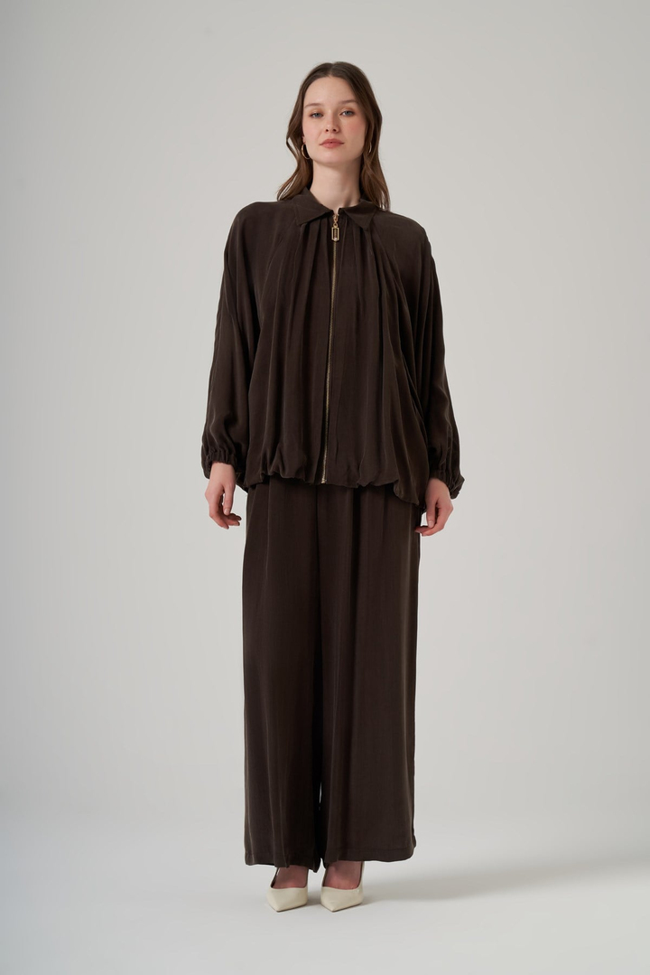 Nuss 1082 Dökümlü Fermuarlı Tunik Takım - Kahve