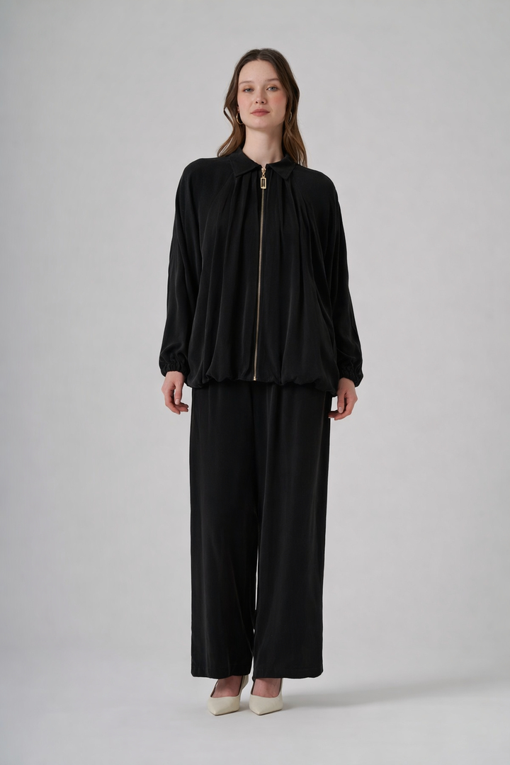 Nuss 1082 Dökümlü Fermuarlı Tunik Takım - Siyah
