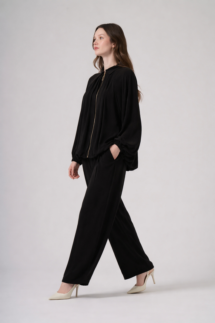 Nuss 1082 Dökümlü Fermuarlı Tunik Takım - Siyah