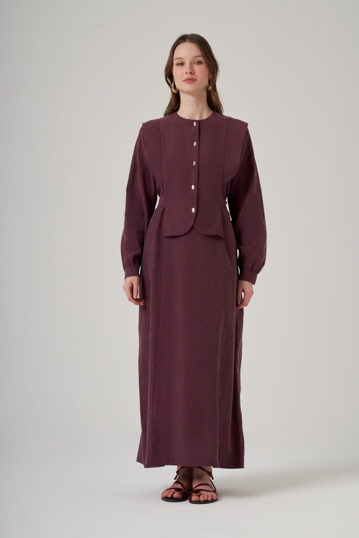 Nuss 2036 Yelek Formlu Gold Düğme Detaylı Tencel Elbise – Mürdüm