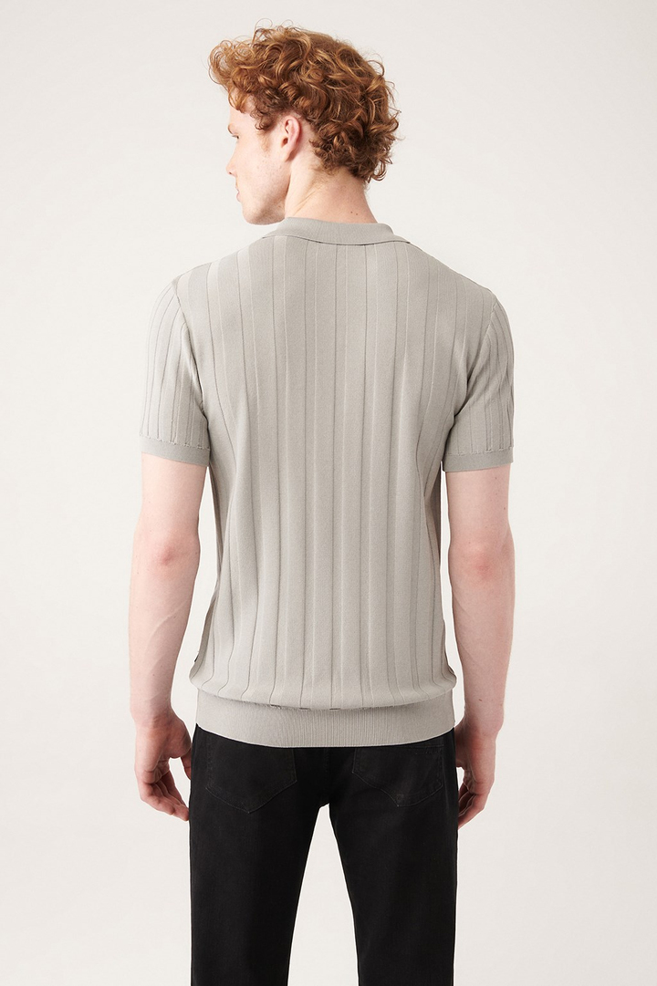 Gri Triko T-Shirt Polo Yaka Fitil Örgü Detaylı Ribanalı