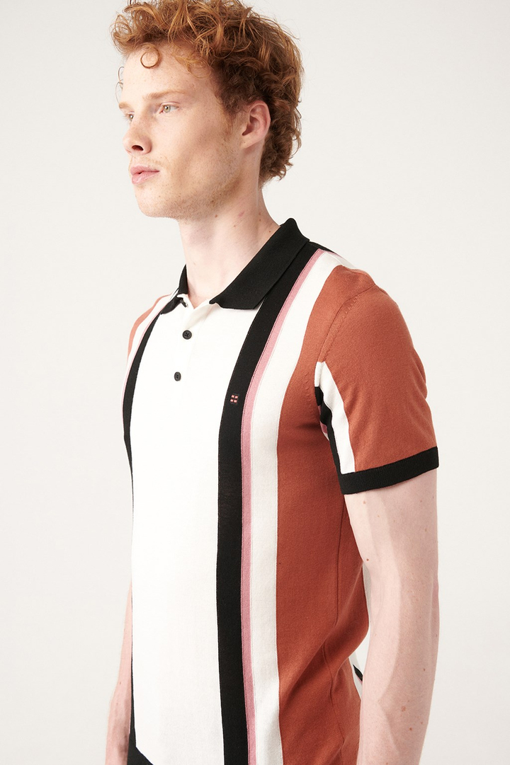 Kiremit Polo Yaka Triko T-Shirt Renk Bloklu Ribanalı