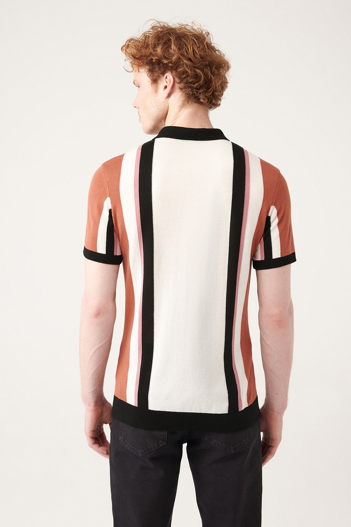 Kiremit Polo Yaka Triko T-Shirt Renk Bloklu Ribanalı