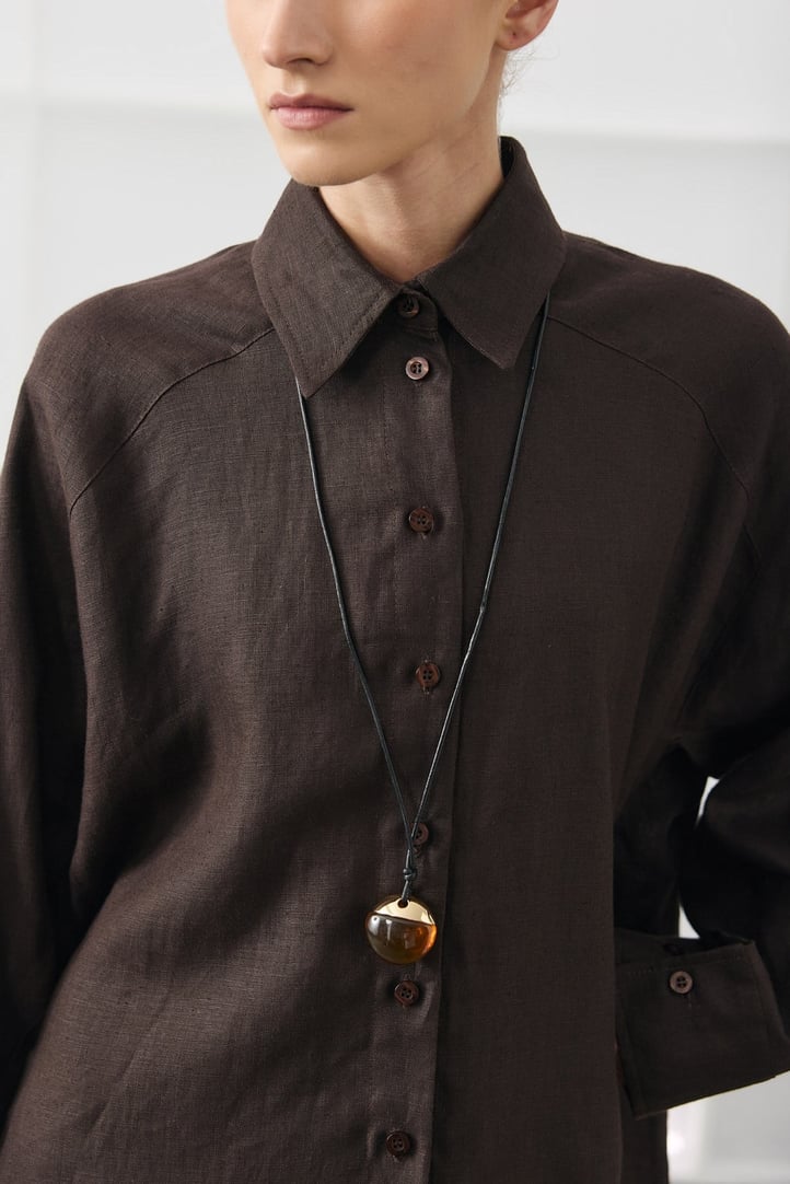 Acı Kahve Oversize Basic Keten Gömlek