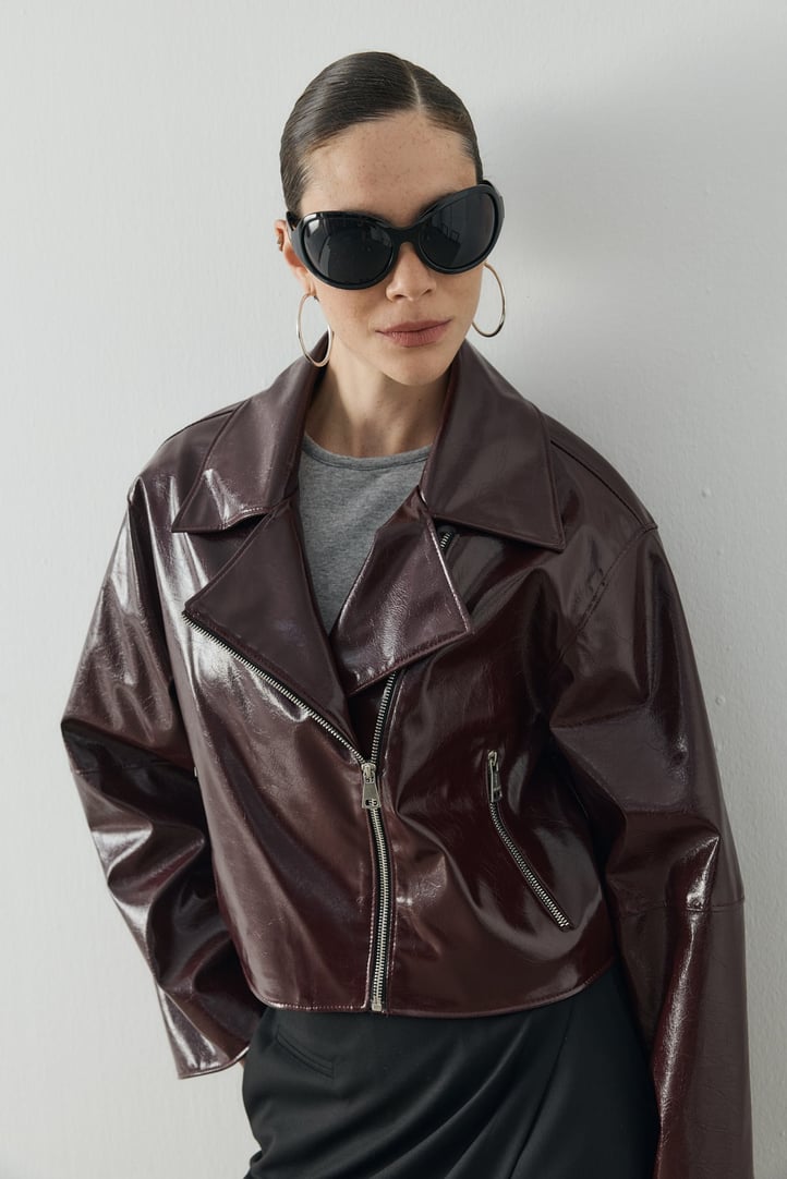 Bordo Crop Biker Deri Ceket