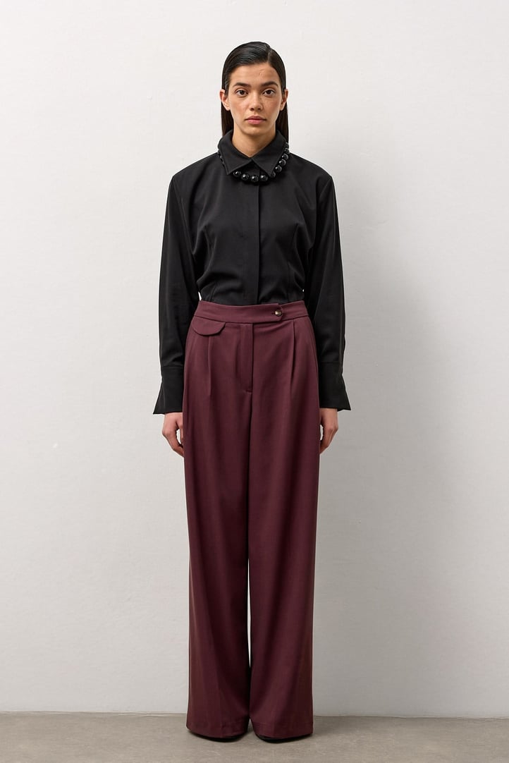 Bordo Linea Geniş Paça Pantolon