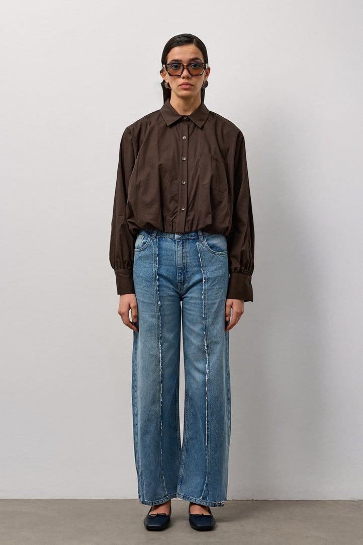 Kahverengi Beli Lastikli Crop Poplin Gömlek
