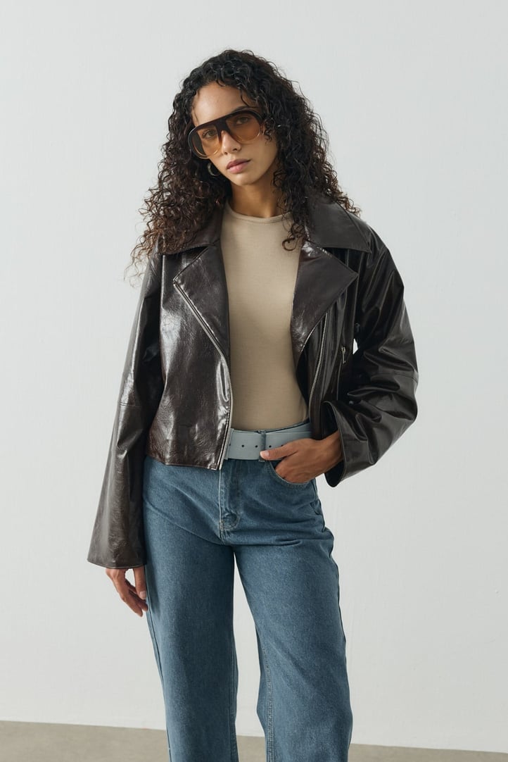 Kahverengi Crop Biker Deri Ceket