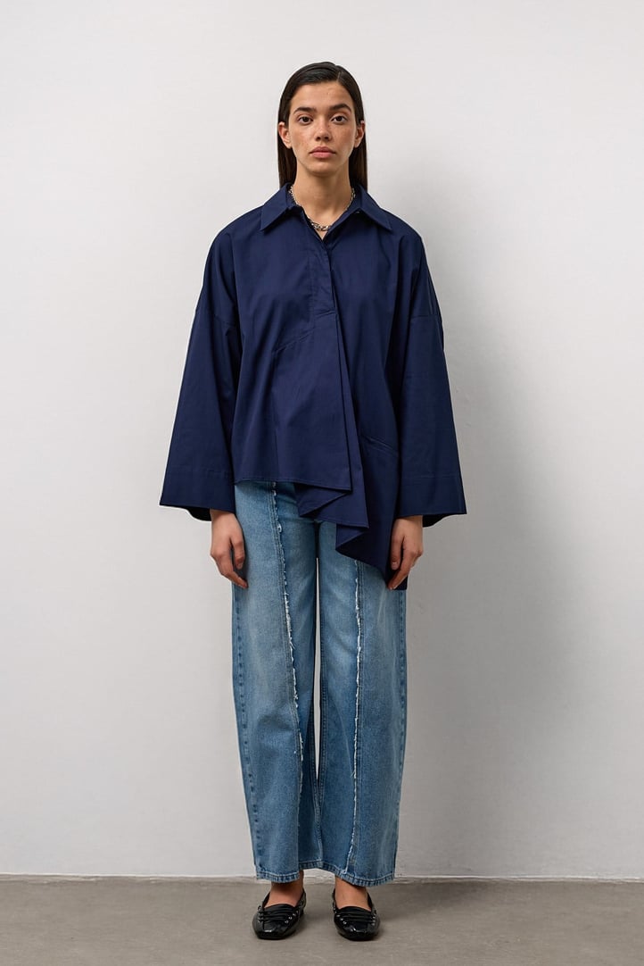 Lacivert Asimetrik Oversize Gömlek