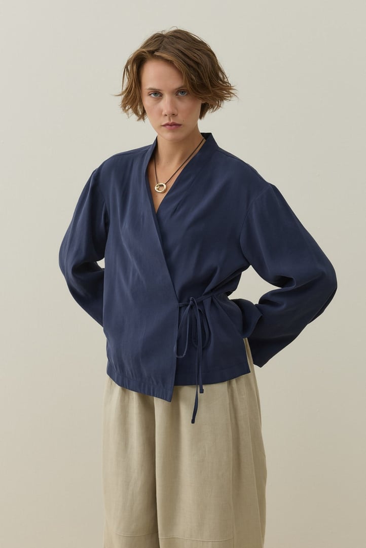 Lacivert Kruvaze Bağlamalı Mini Kimono
