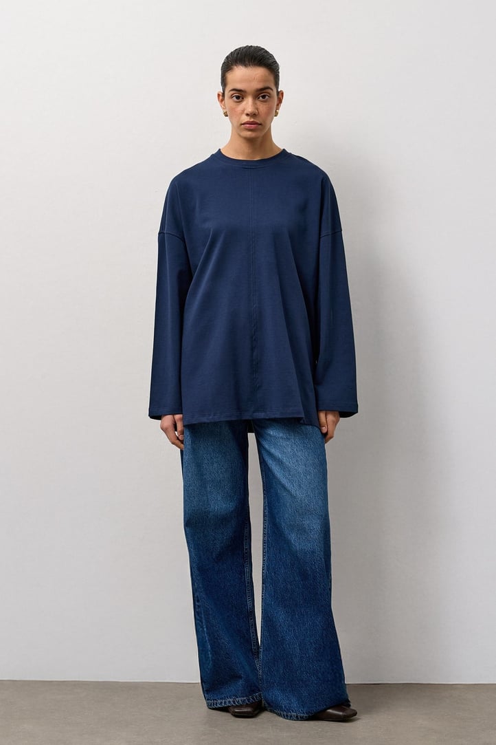 Lacivert Oversize Kesim Uzun Kollu Basic T-Shirt