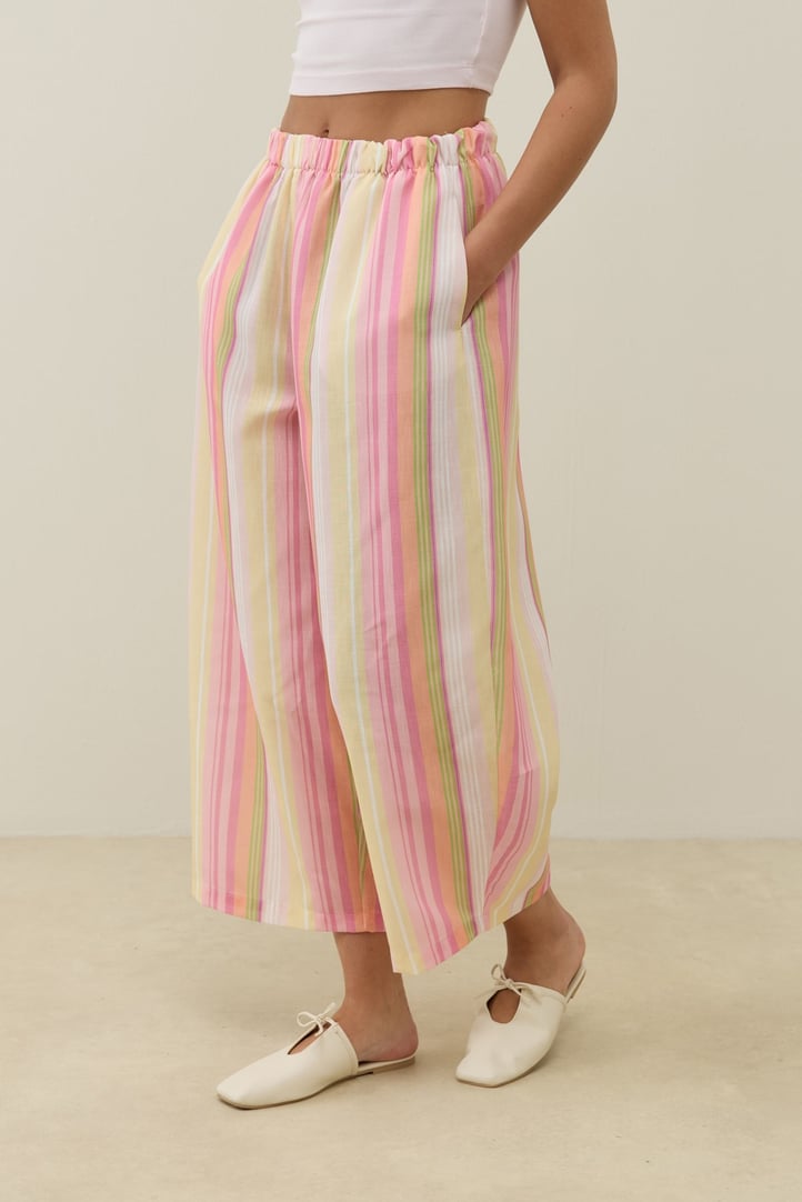Pembe Çizgi Desen Keten Barrel Pantolon