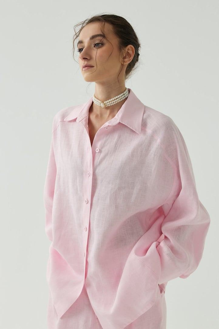 Pembe Oversize Basic Keten Gömlek