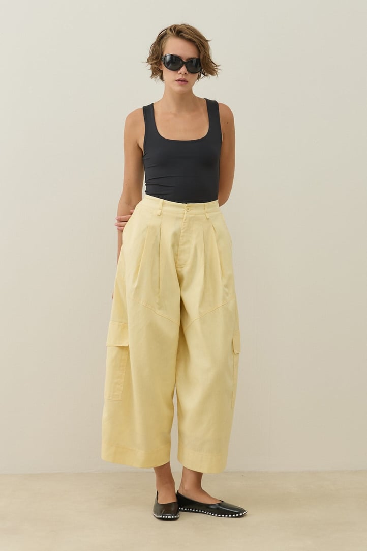 Sarı Kargo Cepli Crop Keten Pantolon