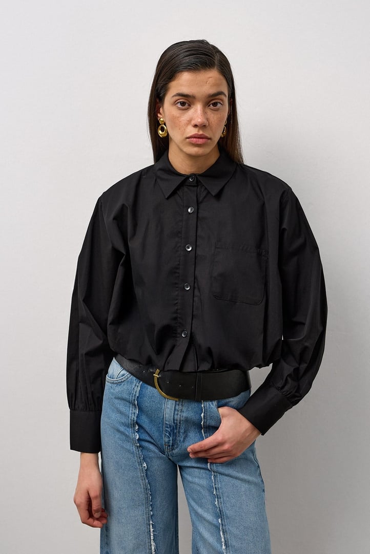 Siyah Beli Lastikli Crop Poplin Gömlek