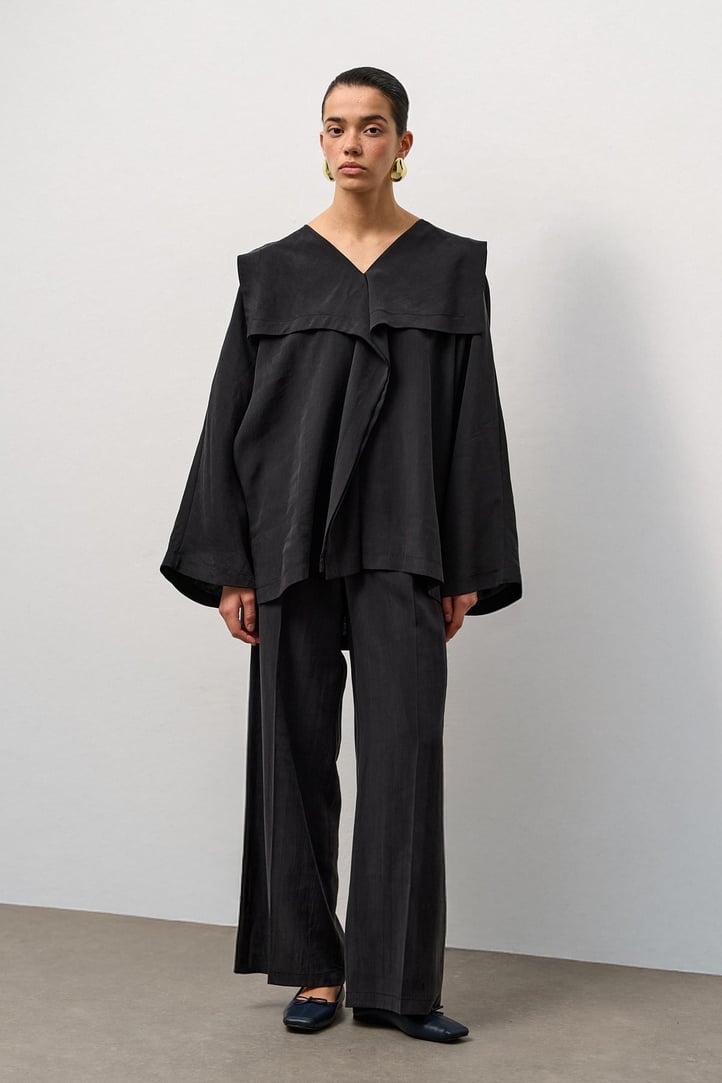 Siyah Kimono Form Hafif Dökümlü Takım