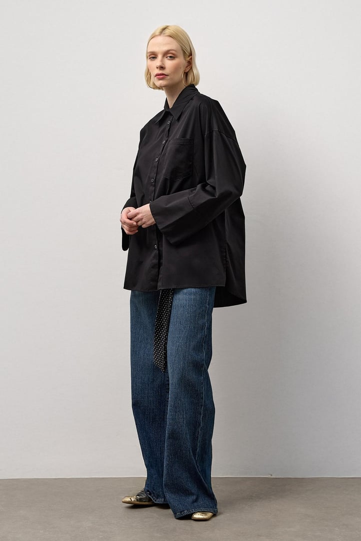 Siyah Pamuk Saten Oversize Gömlek