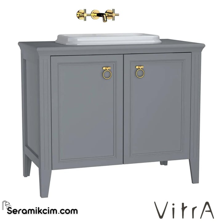Vitra Valarte Lavabo Dolabı, 100 Cm, Kapaklı, Tezgahüstü Lavabolu, Krom Kulplu, Mat Gri
