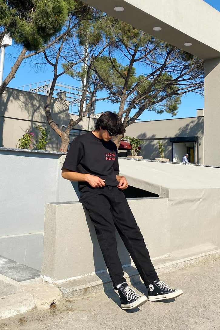 100 % Human Baskılı Siyah Oversize Tshirt