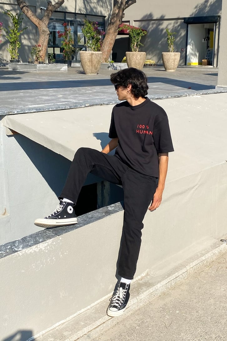 100 % Human Baskılı Siyah Oversize Tshirt