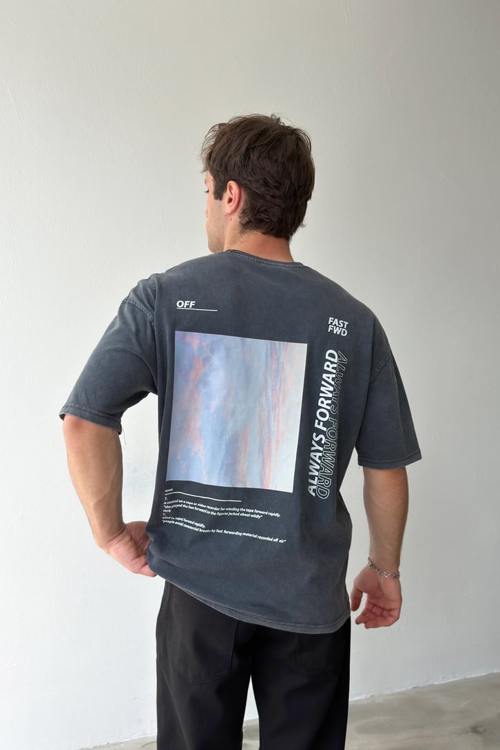 1989 Baskılı Acid Wash Antrasit Oversize Tişört