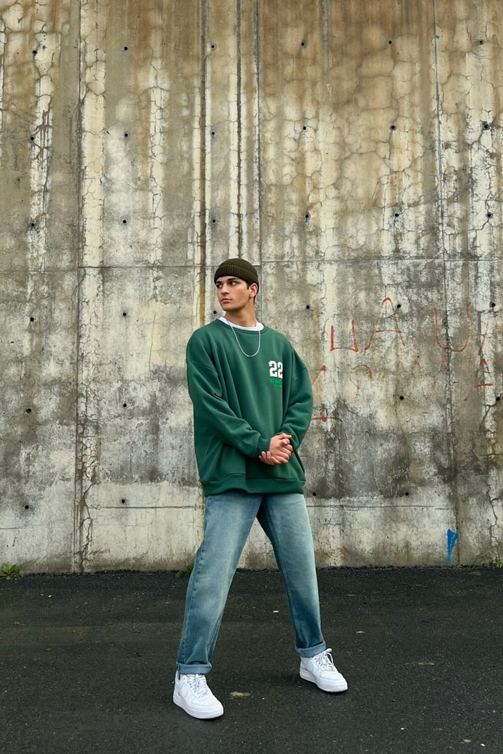 22 Nakışlı Yeşil Oversize Sweatshirt