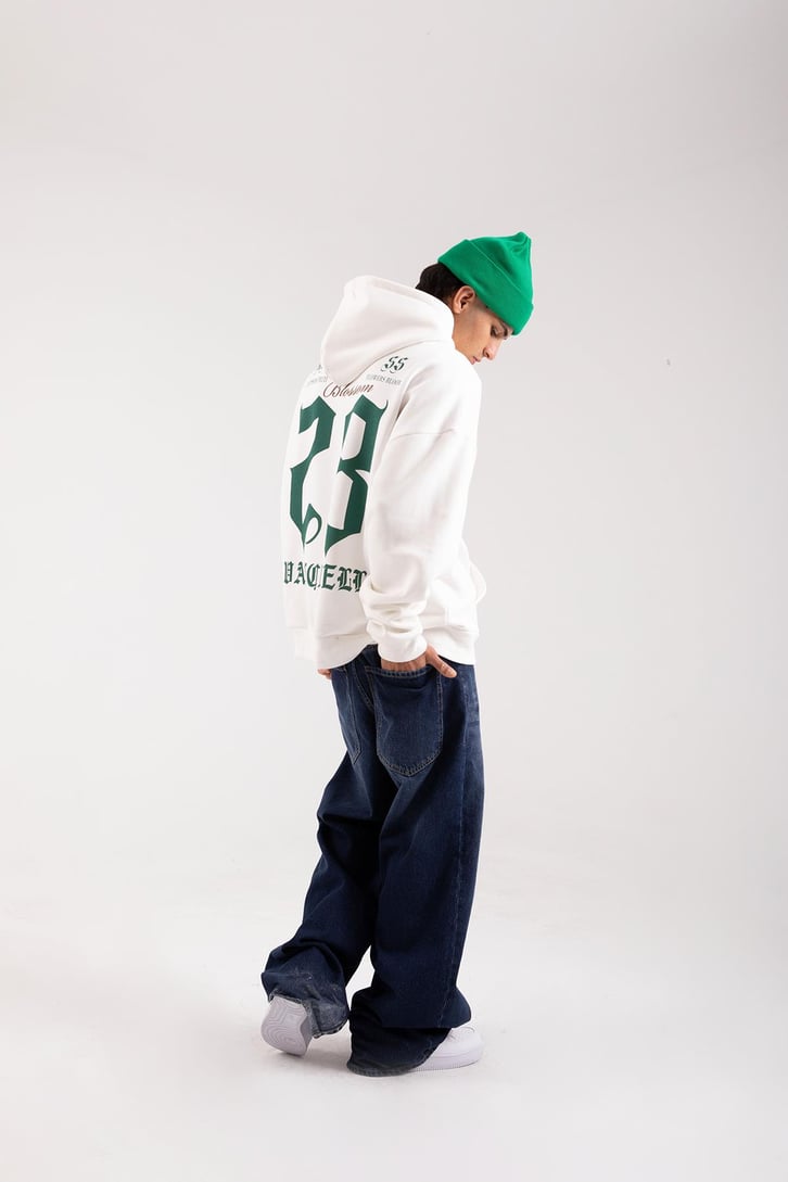 28 Baskılı Ekru Oversize Hoodie