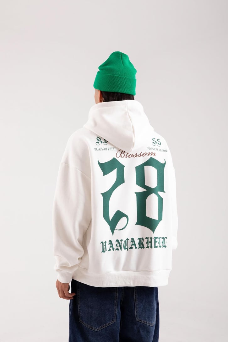 28 Baskılı Ekru Oversize Hoodie