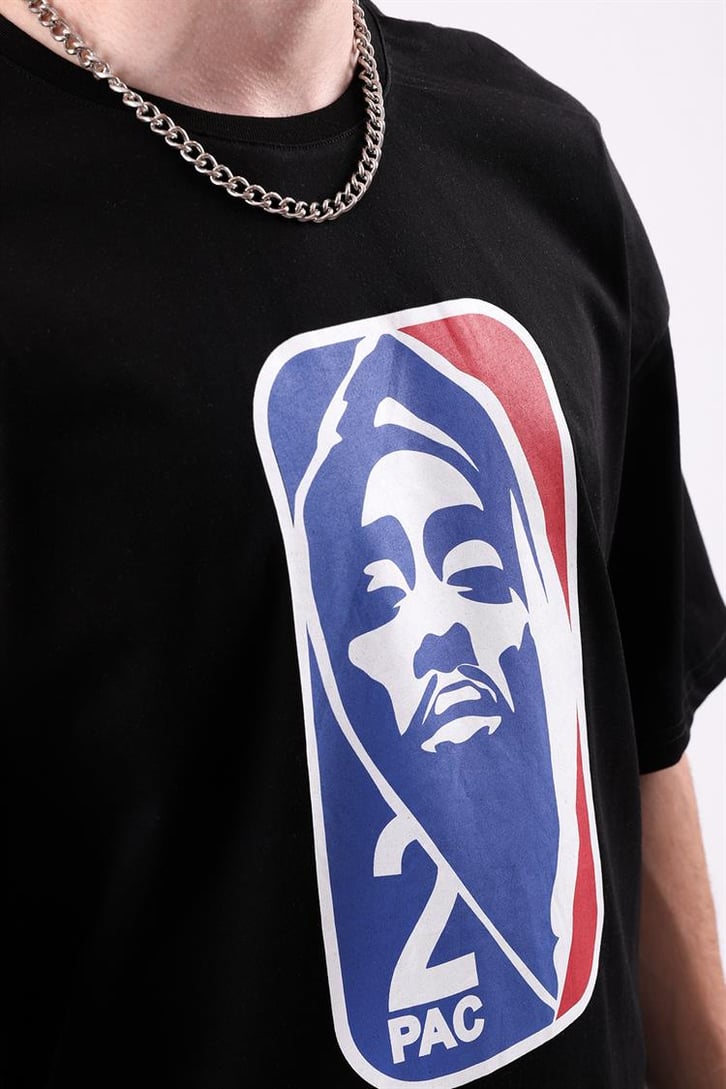 2pac Baskılı Siyah Oversize Tshirt