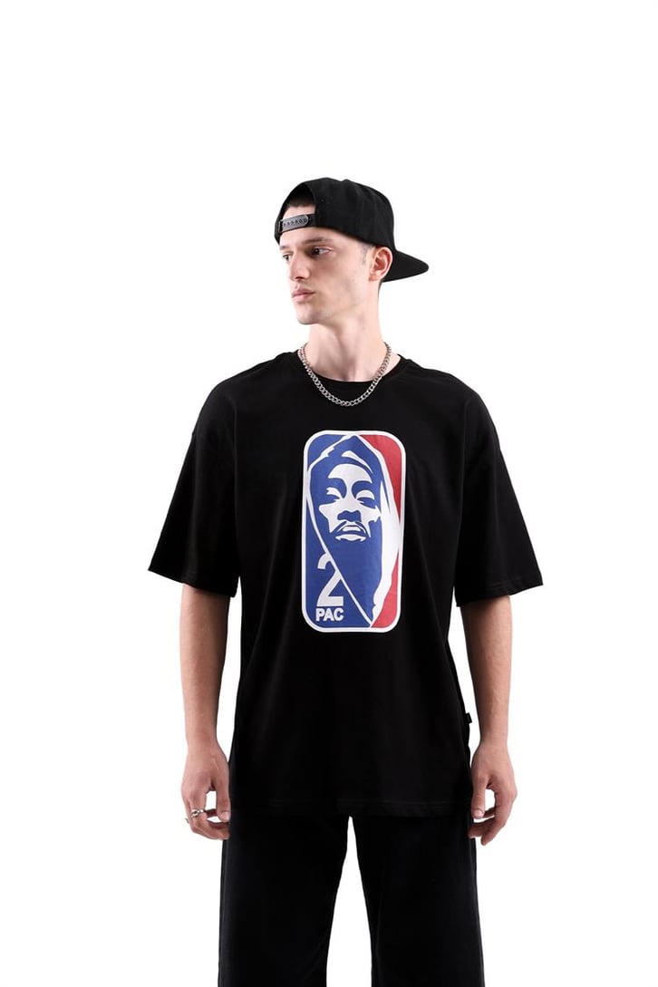 2pac Baskılı Siyah Oversize Tshirt