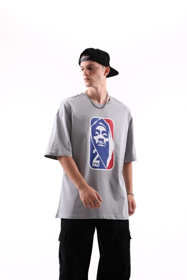 2pac Baskılı Siyah Oversize Tshirt