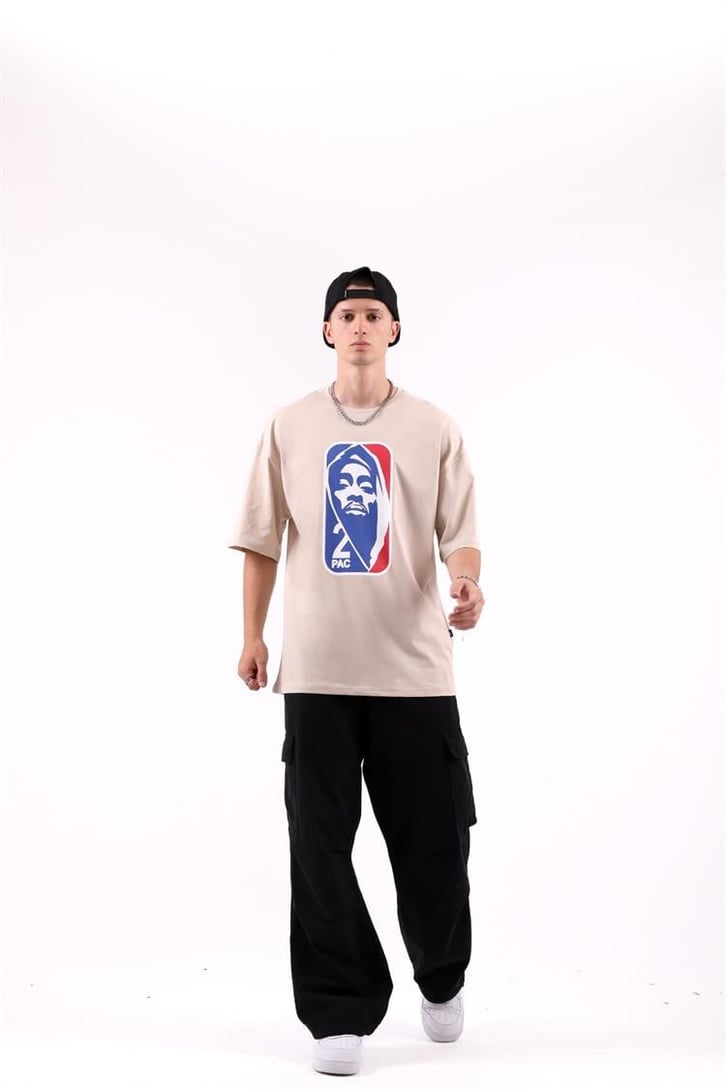 2pac Baskılı Siyah Oversize Tshirt