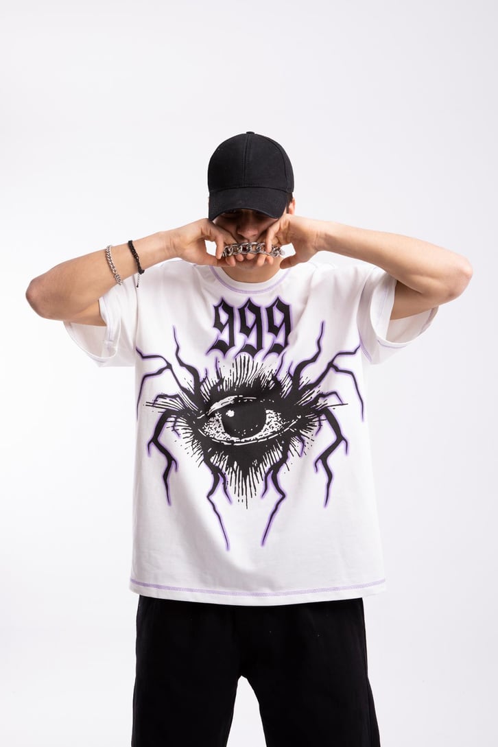 999 Eye Baskılı Beyaz Oversize Tshirt