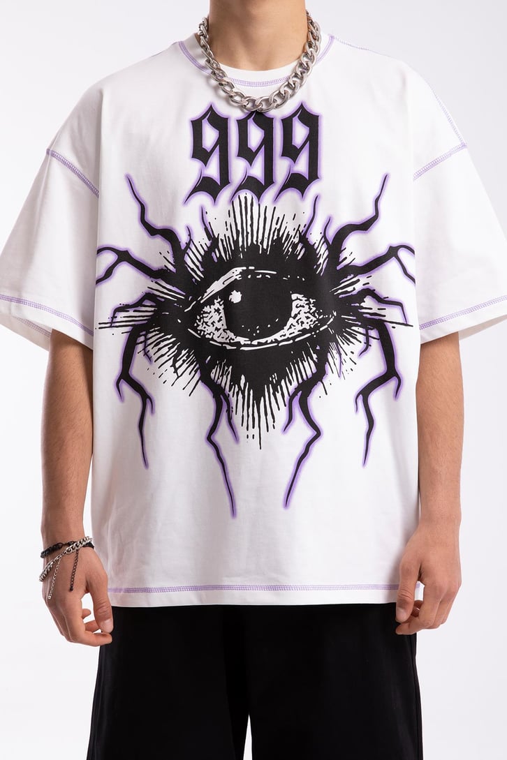 999 Eye Baskılı Beyaz Oversize Tshirt