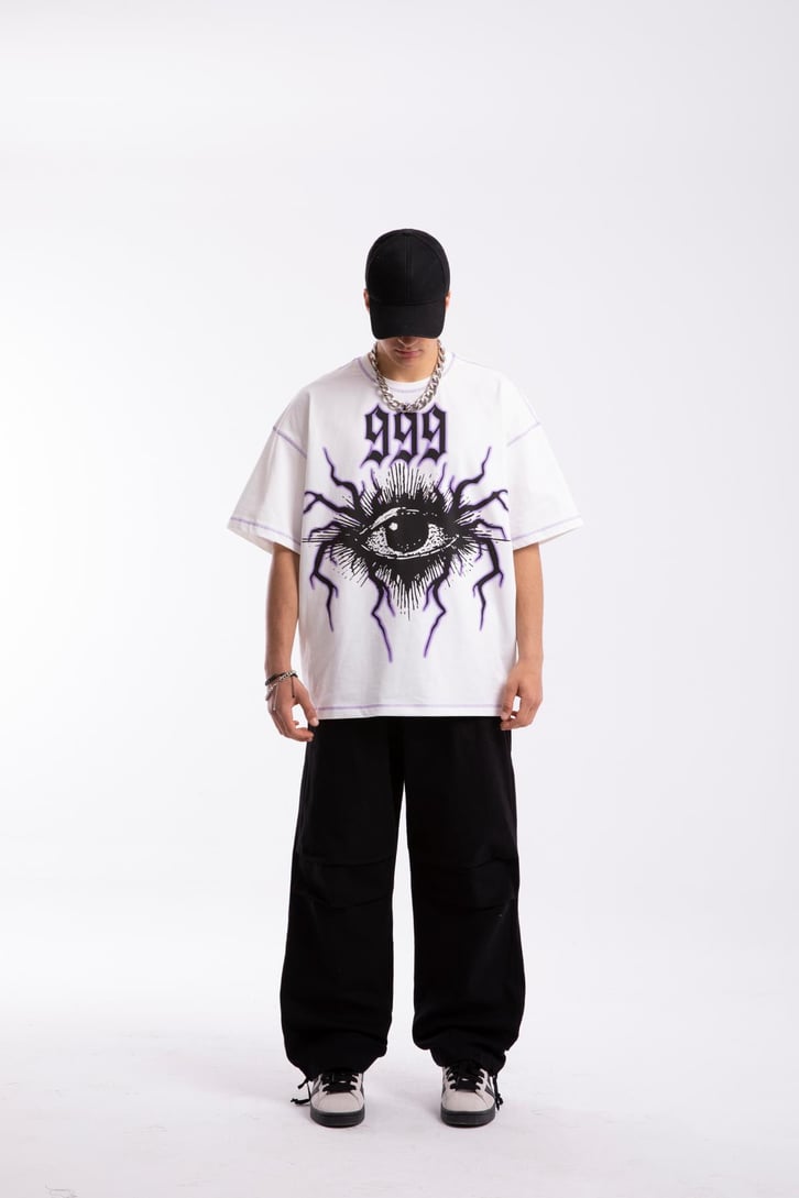 999 Eye Baskılı Beyaz Oversize Tshirt