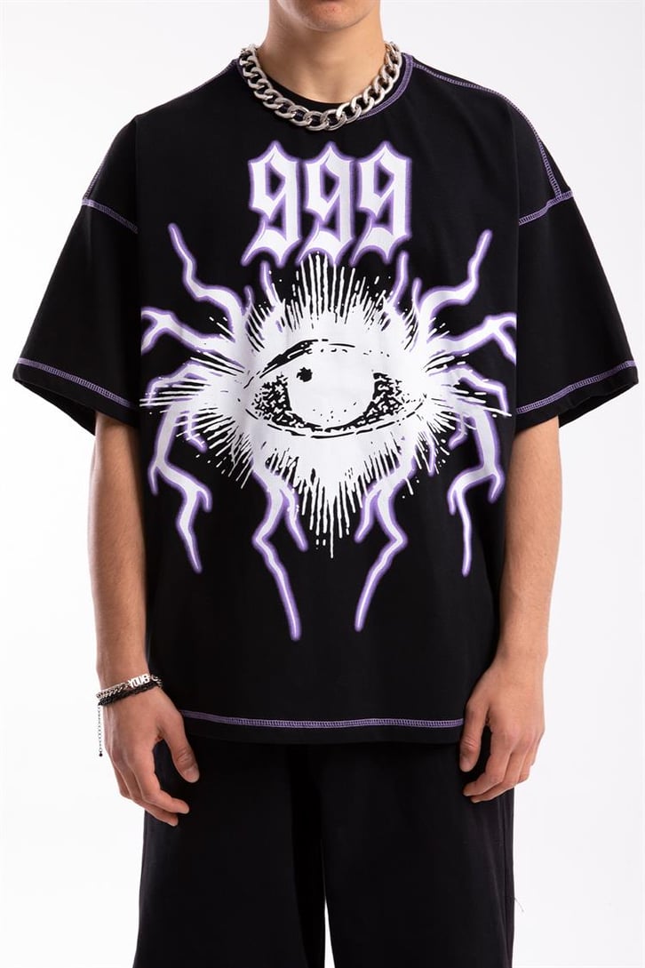 999 Eye Baskılı Siyah Oversize Tişört