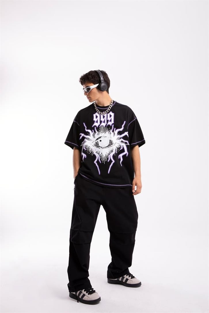 999 Eye Baskılı Siyah Oversize Tişört