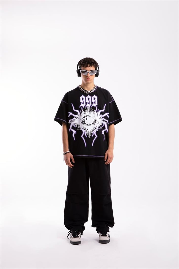 999 Eye Baskılı Siyah Oversize Tişört